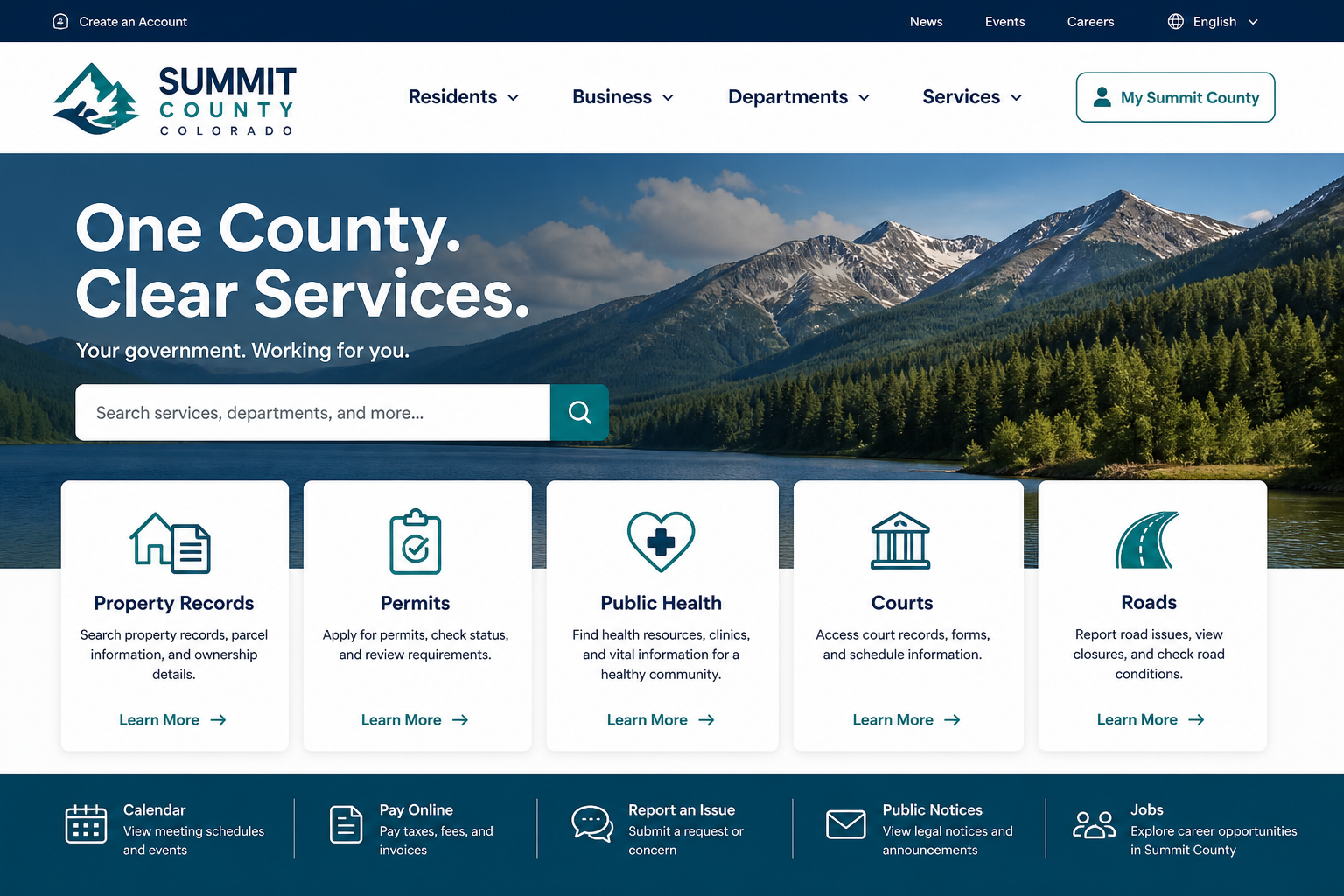 County government portal design — unified services and departments