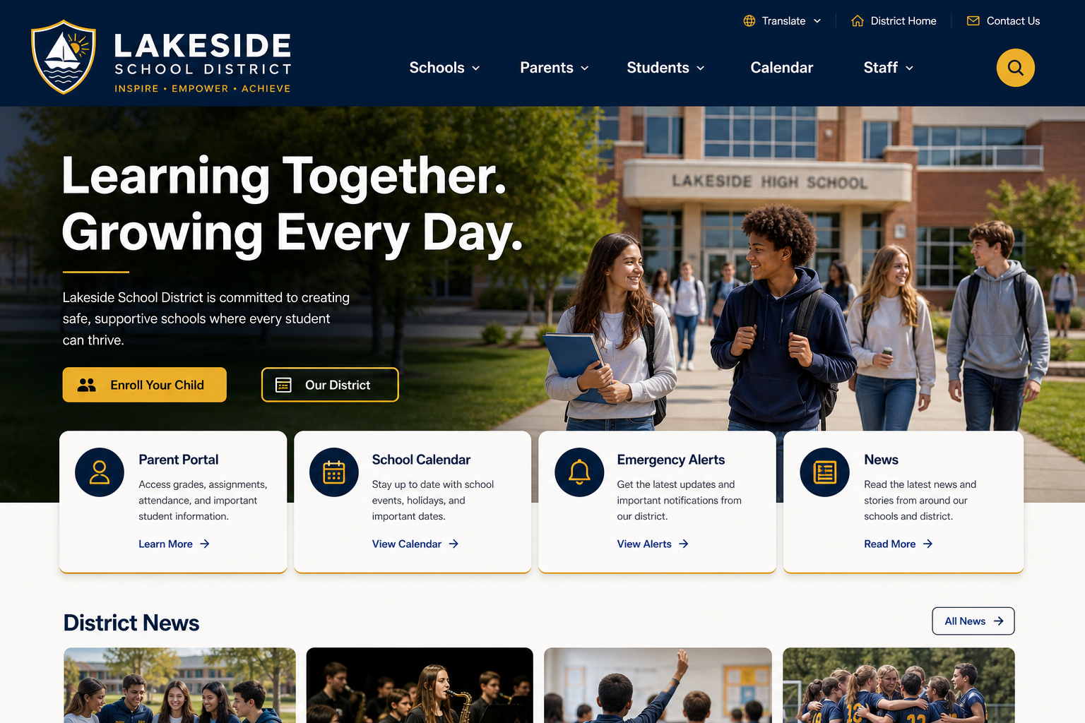 School district website design — parent portal and calendar